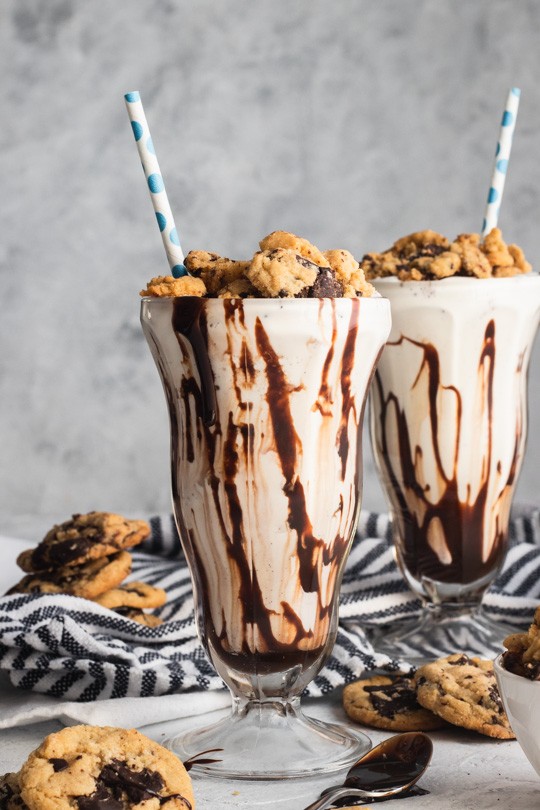Cookies and Milk Milkshake--Chocolate fudge and chocolate chip cookies in a creamy vanilla milkshake