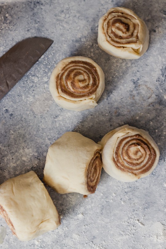 Cut and unbaked cinnamon rolls