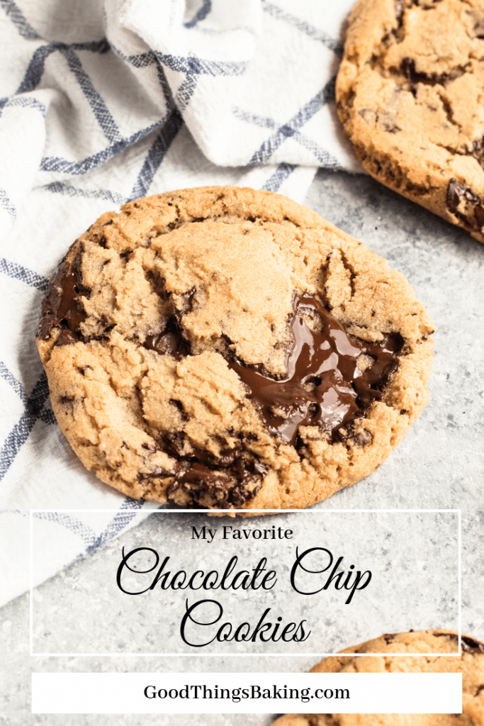 My favorite chocolate chip cookies have chewy centers with just the right amount of crispy edges, and all of it with puddles of dark chocolate throughout. Definitely a perfect version of a classic dessert. || Good Things Baking Co. #chocolatechipcookies #chocolatechip #chocolatedessert #cookies 