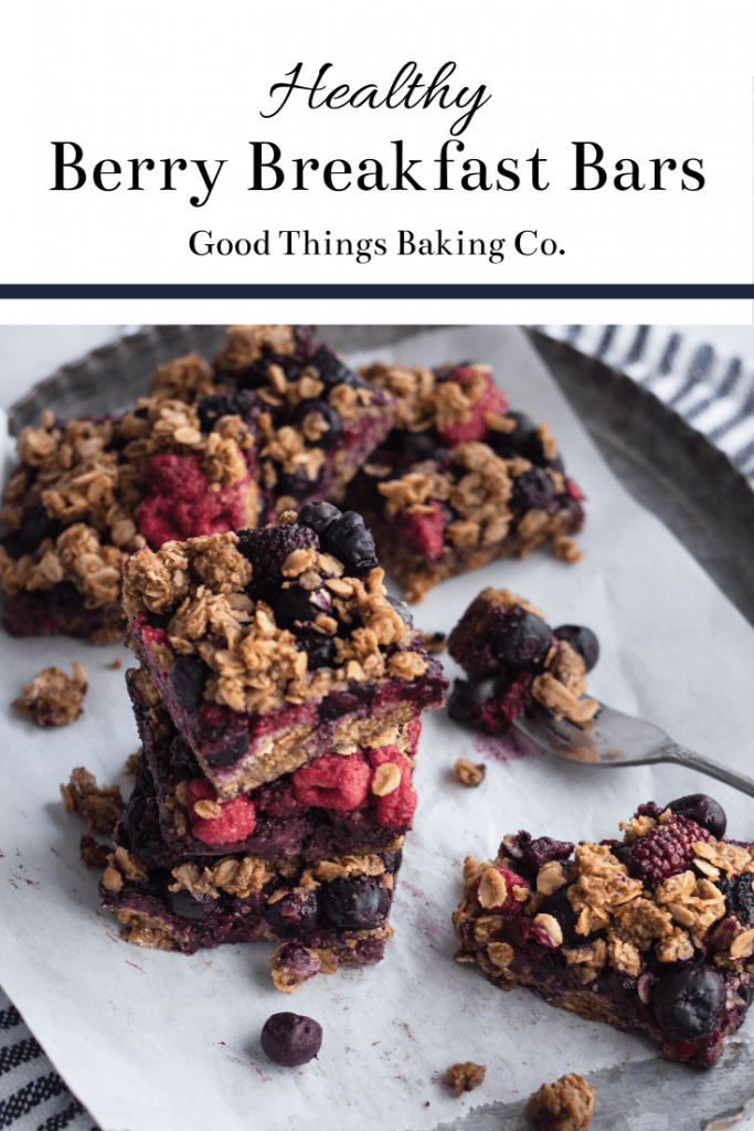 A stack of Berry Breakfast Bars with an oat crumble topping.
