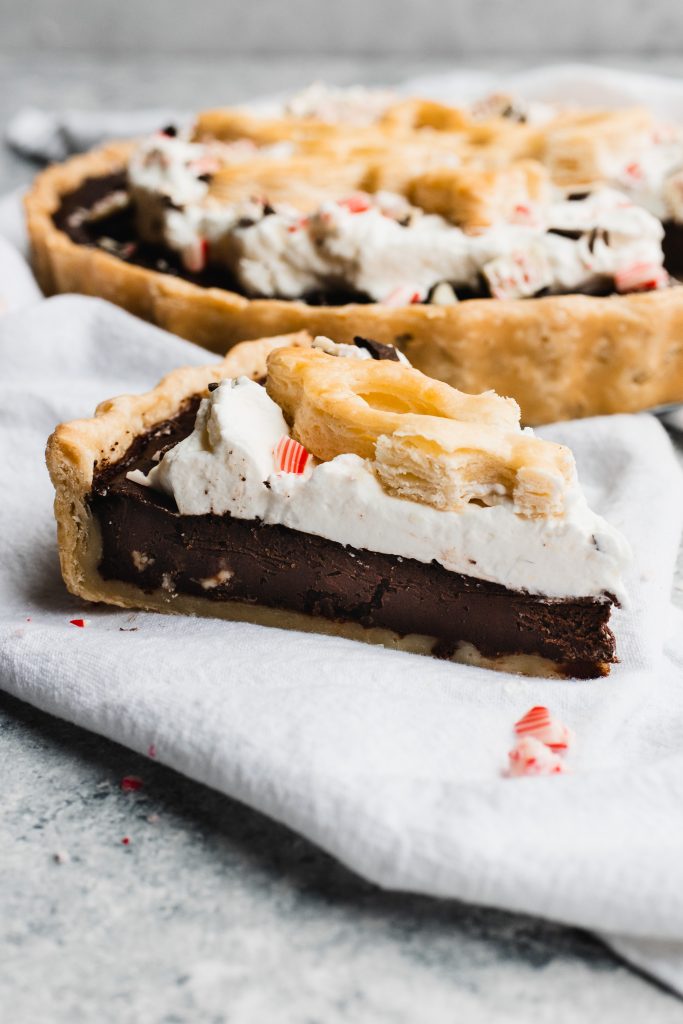A slice of fudgy, rich Peppermint Chocolate Pie