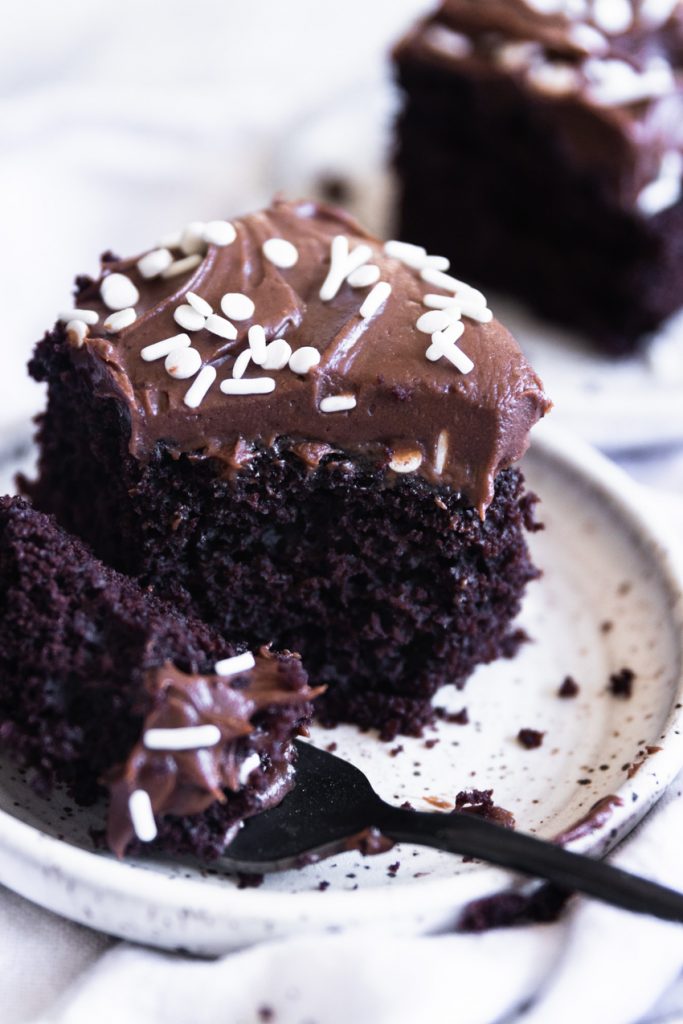 Easy Sourdough Chocolate Cake with Fudge Frosting and White Sprinkles on Top
