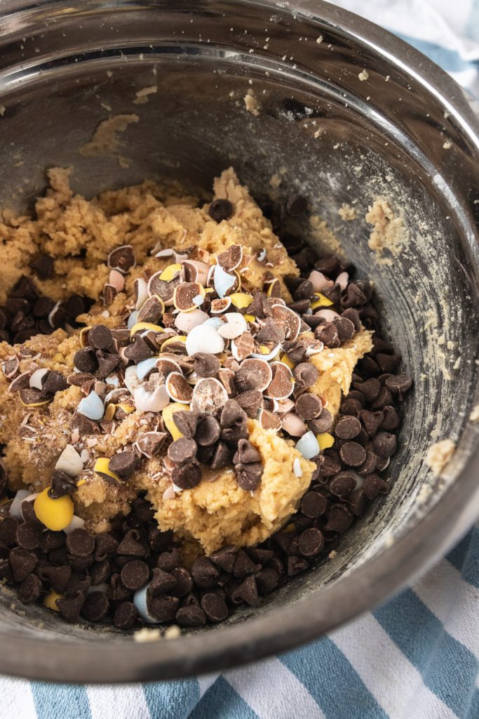 Cookie dough with cadbury easter eggs and chocolate chips