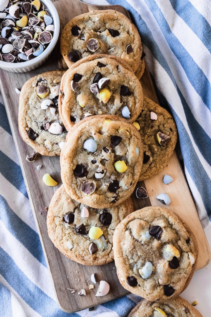 Chocolate Chip Cookies with Cadbury Easter eggs on top.