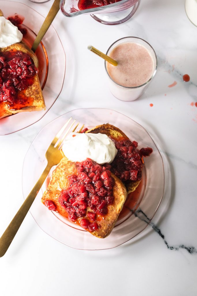 Homemade Strawberry Syrup on french toast with whipped cream