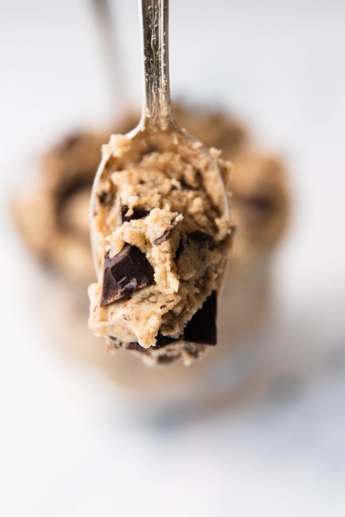 A spoonful of edible chocolate chip cookie dough.