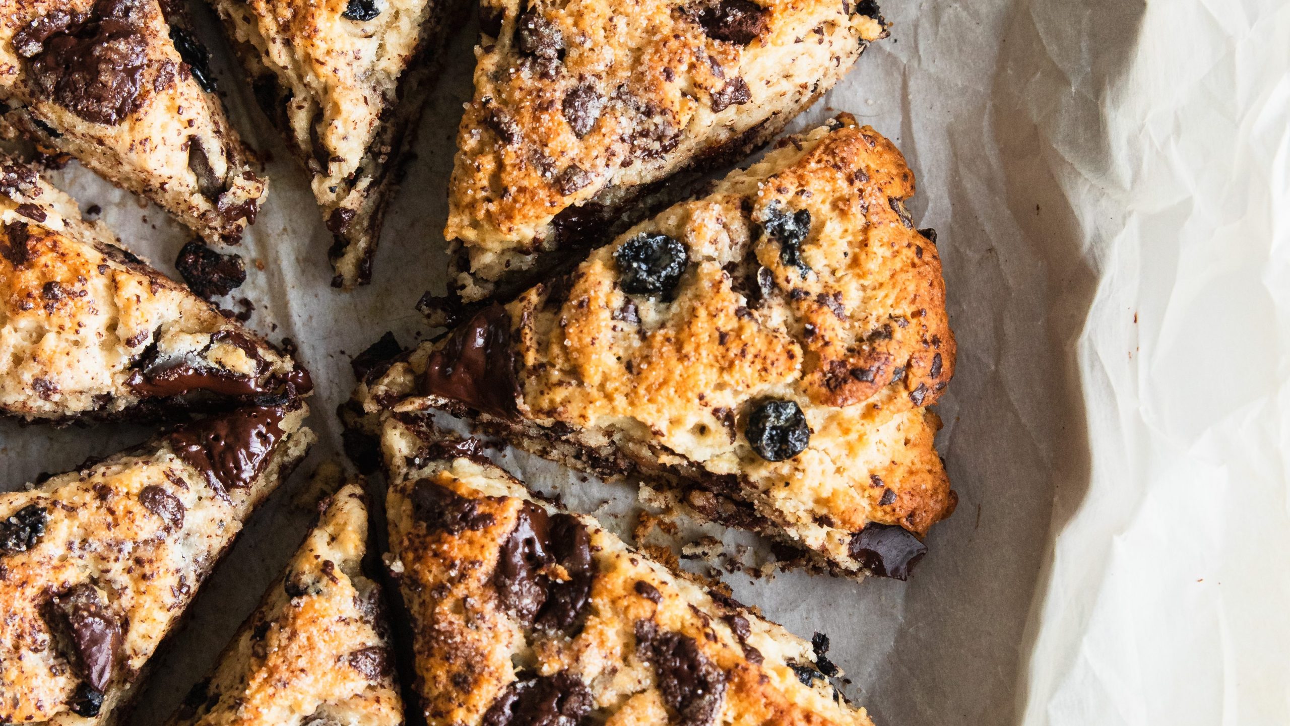 Blueberry Chocolate Scones wedges baked to golden brown perfection