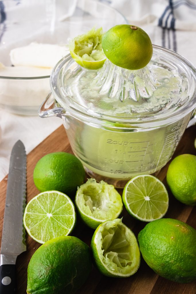 Juicing the fresh limes. You can also used bottled, but freshly-squeezed lime juice will have a fresher, better flavor.