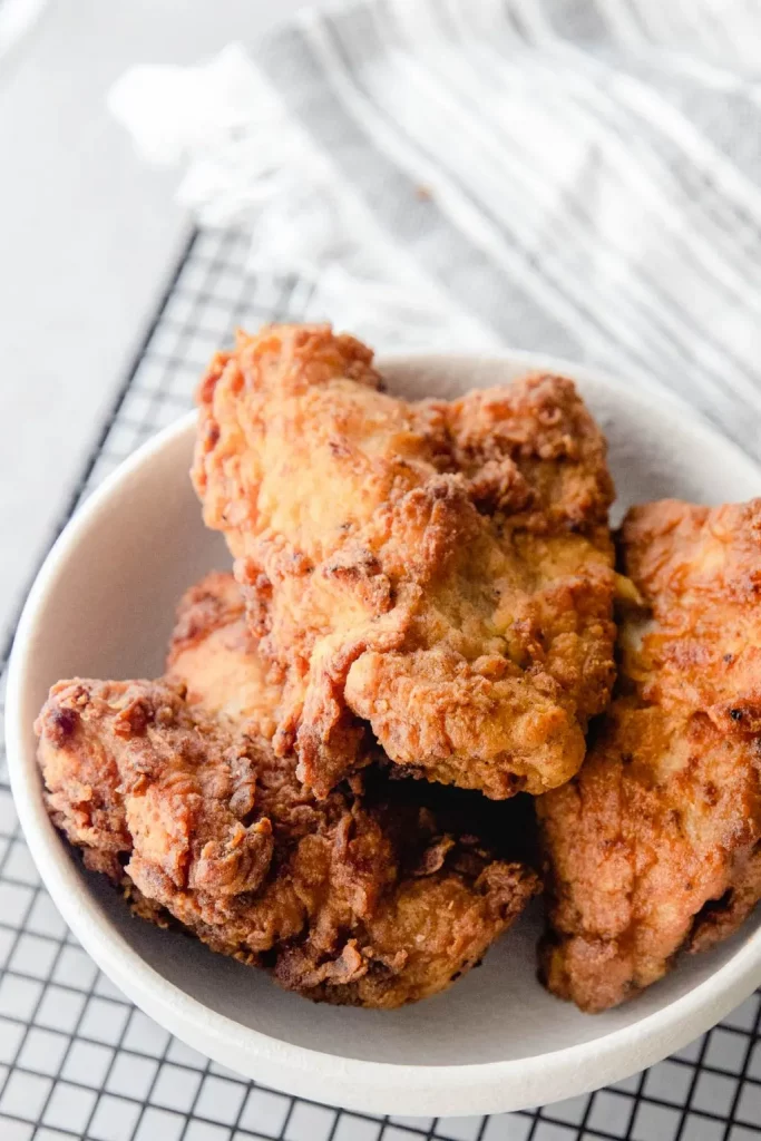 A plate of sourdough fried chicken, a great way to use up starter discard.