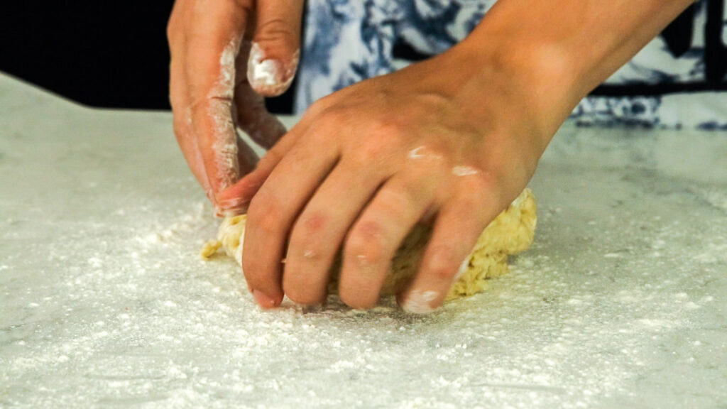 This is how to knead pizza dough--using the heel of your hand to stretch across the top of the dough, creating tension and building strength into the dough.