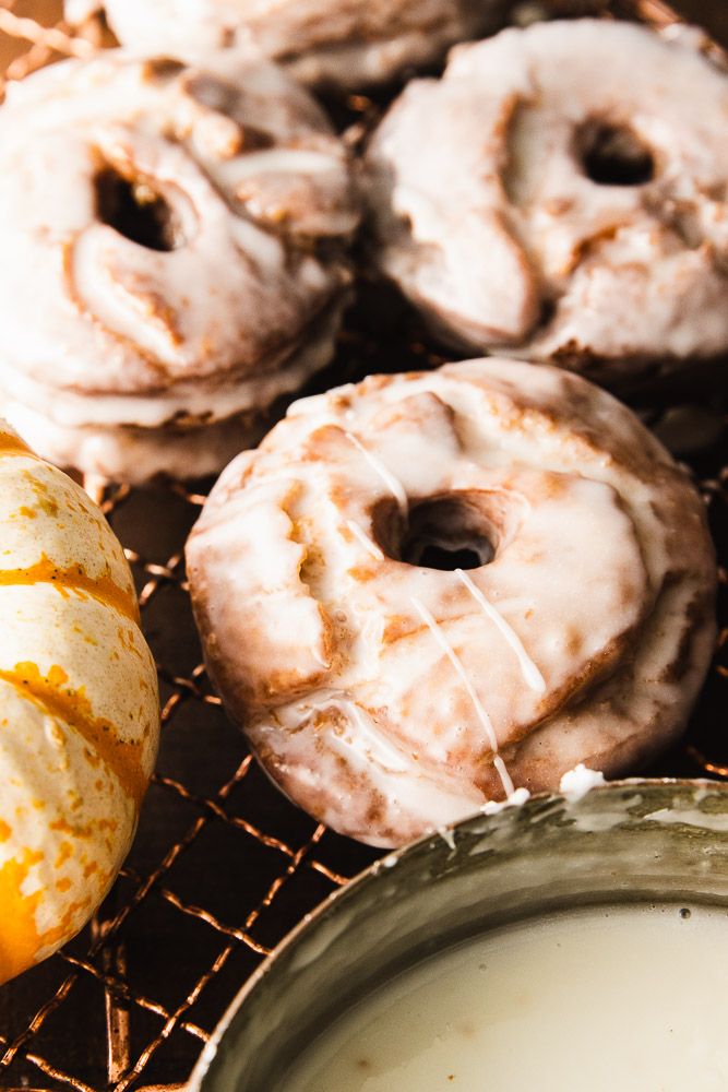 A glazed, old-fashioned pumpkin spice donuts.