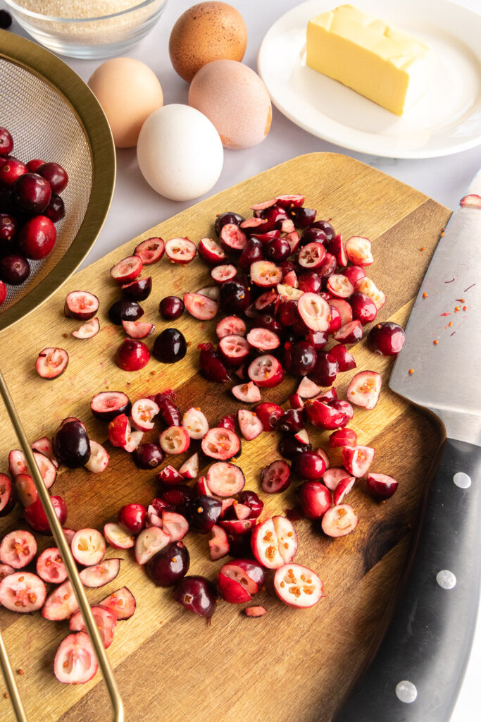 Chopped cranberries, ready to be cooked.