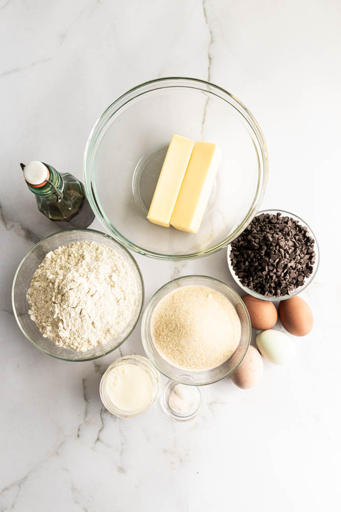 The ingredients for chocolate chip pound cake.