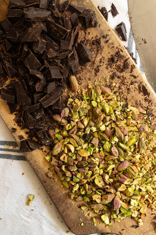 Chopped chocolate and pistachios.