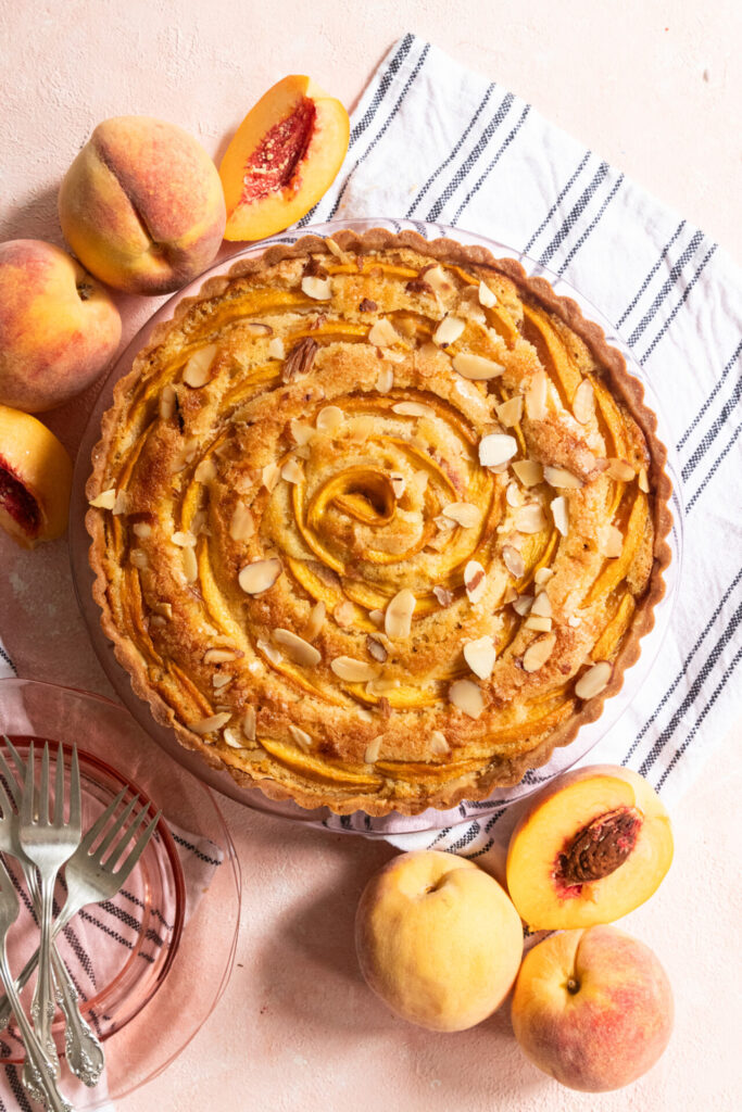 A view of peach almond tart from the top.