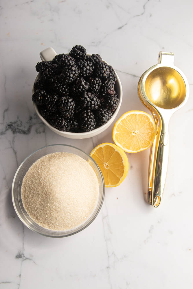 The ingredients for blackberry coulis--blackberries, lemon juice, and sugar.