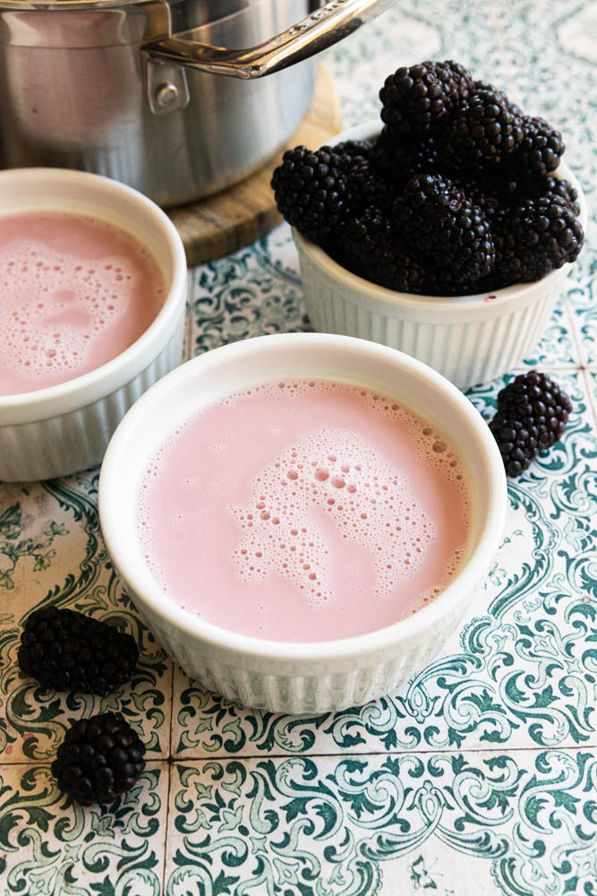 The panna cotta in the ramekins, ready to set in the refrigerator.