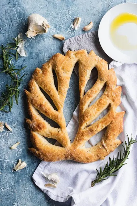 A leaf shaped, decorative fougasse flatbread