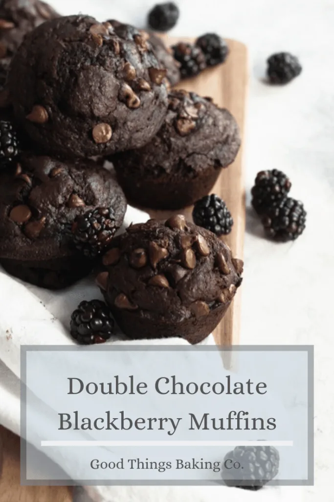 Double Chocolate Blackberry Muffins are rich, decadent, and bursting with berry goodness. Use dark cocoa powder and dark chocolate for an extra deep chocolate flavor || Good Things Baking Co. #goodthingsbaking #muffins #muffinrecipe #breakfast #chocolatemuffins #brunch