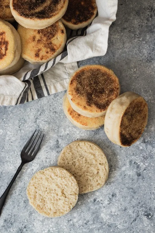 Sourdough English Muffin Recipe -- These are the best sourdough English muffins, with a tender crumb that's perfect for toasting and catching lots of melted butter. || Good Things Baking Co. #goodthingsbaking #sourdough #fermentation #englishmuffins #sourdoughbaking