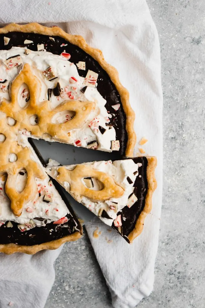 A slice of fudgy, rich Peppermint Chocolate Pie