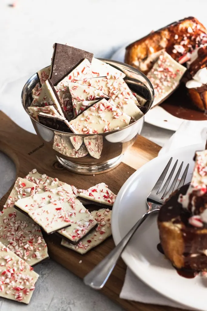 Peppermint Bark in a silver bowl 