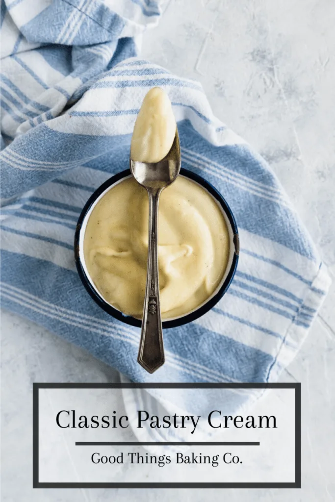 Creamy, thick, classic pastry cream on a spoon.