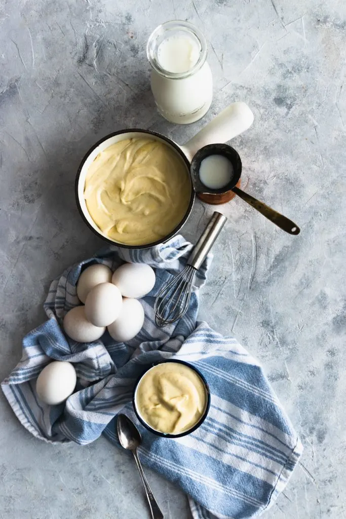 Classic pastry cream and the ingredients needed to make it.