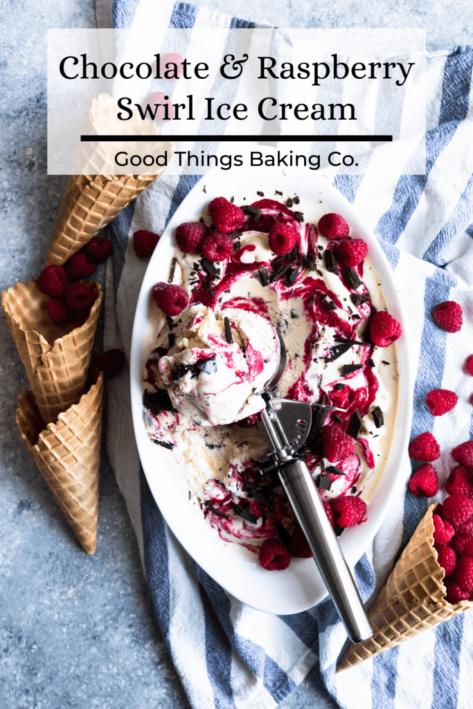 A scoop of raspberry and chocolate swirl ice cream