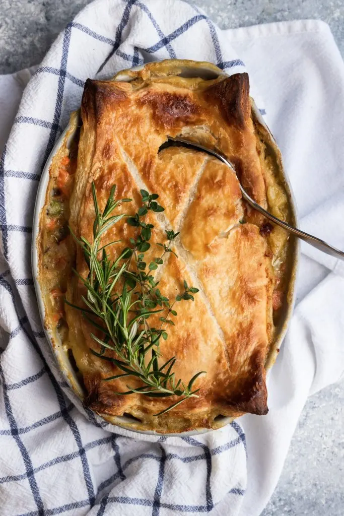 Puff Pastry Chicken Pot Pie with a crisp, golden top and hot, creamy filling