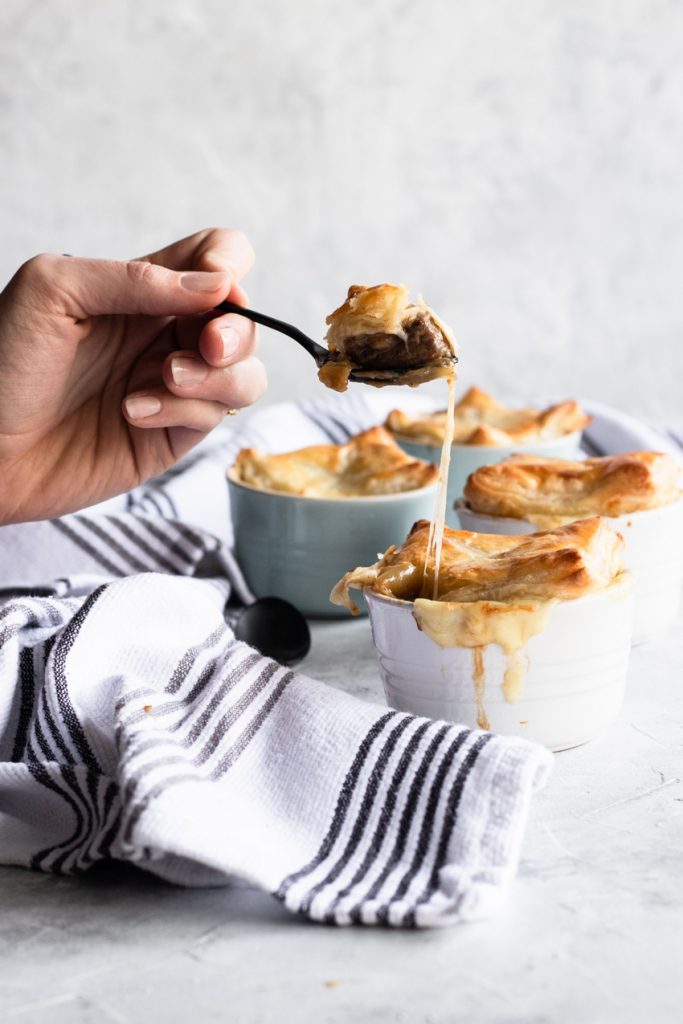 Swiss Cheese Pull from a French Onion & Steak Puff Pastry Pie