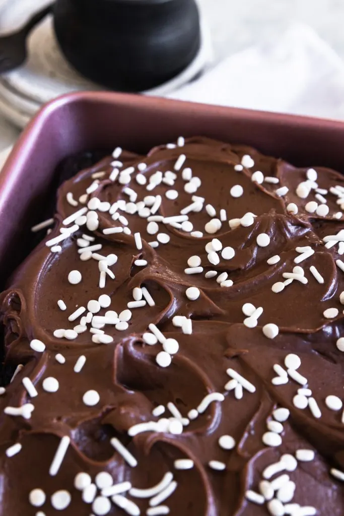 A closeup of swirled Fudge Frosting