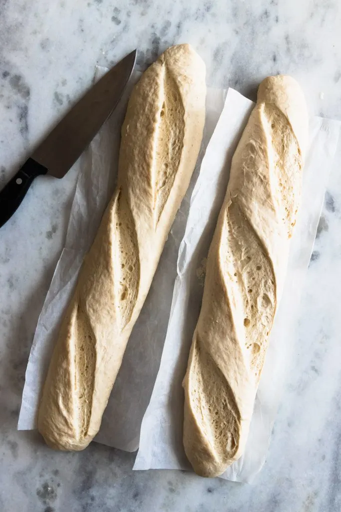 Risen French baguettes, slashed to allow for optimal rising and ready to bake