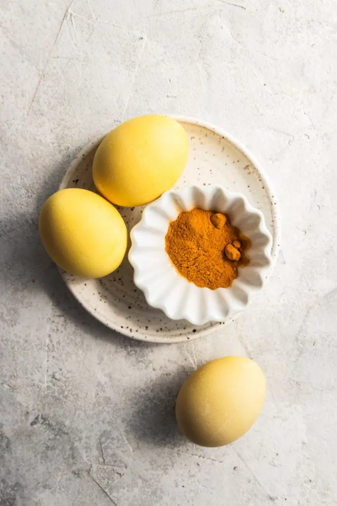 Yellow Easter eggs dyed with turmeric.