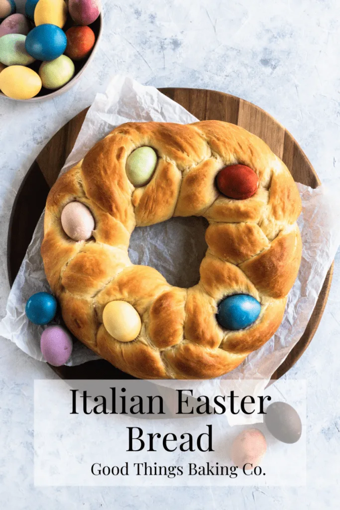 Slices of Pane di Pasqua, a braid circle loaf decorated on top with dyed Easter eggs.