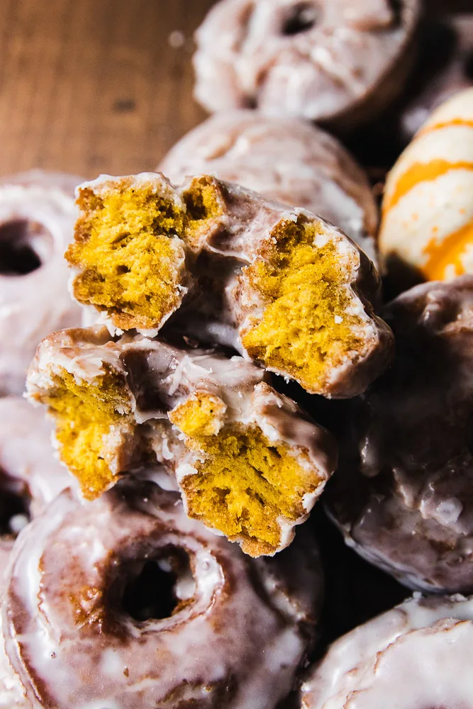 The inside of an old-fashioned pumpkin spice donut.