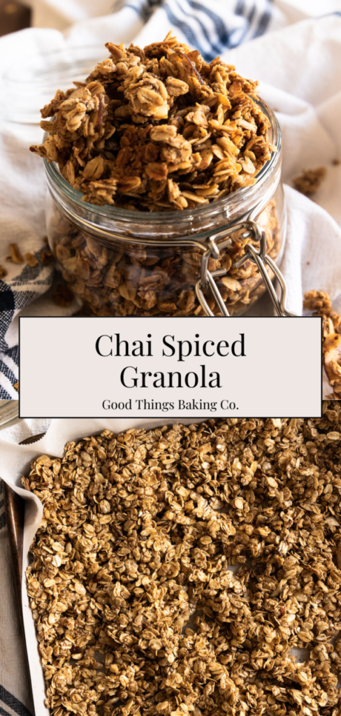 A long Pin image for healthy chai spiced granola.
