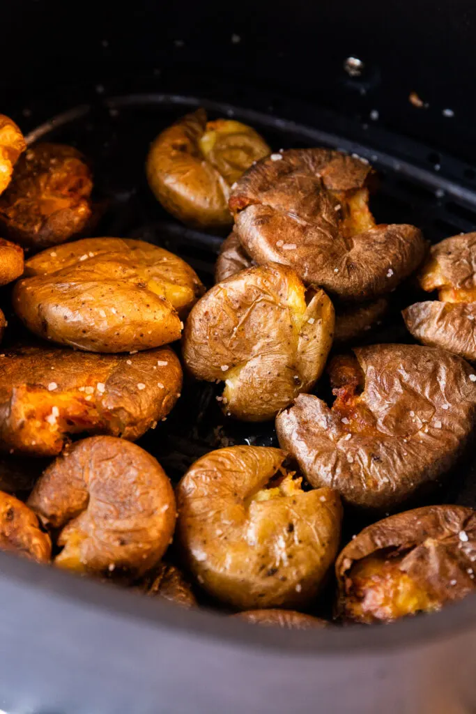 Crispy, salted, smashed potatoes that have been cooked twice in the air fryer.