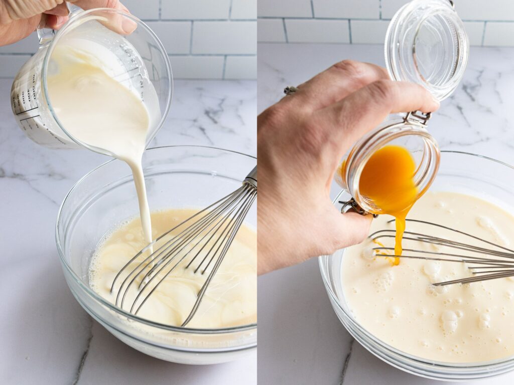 Add the rest of the cream and the passion fruit puree to the bowl and whisk it all together.