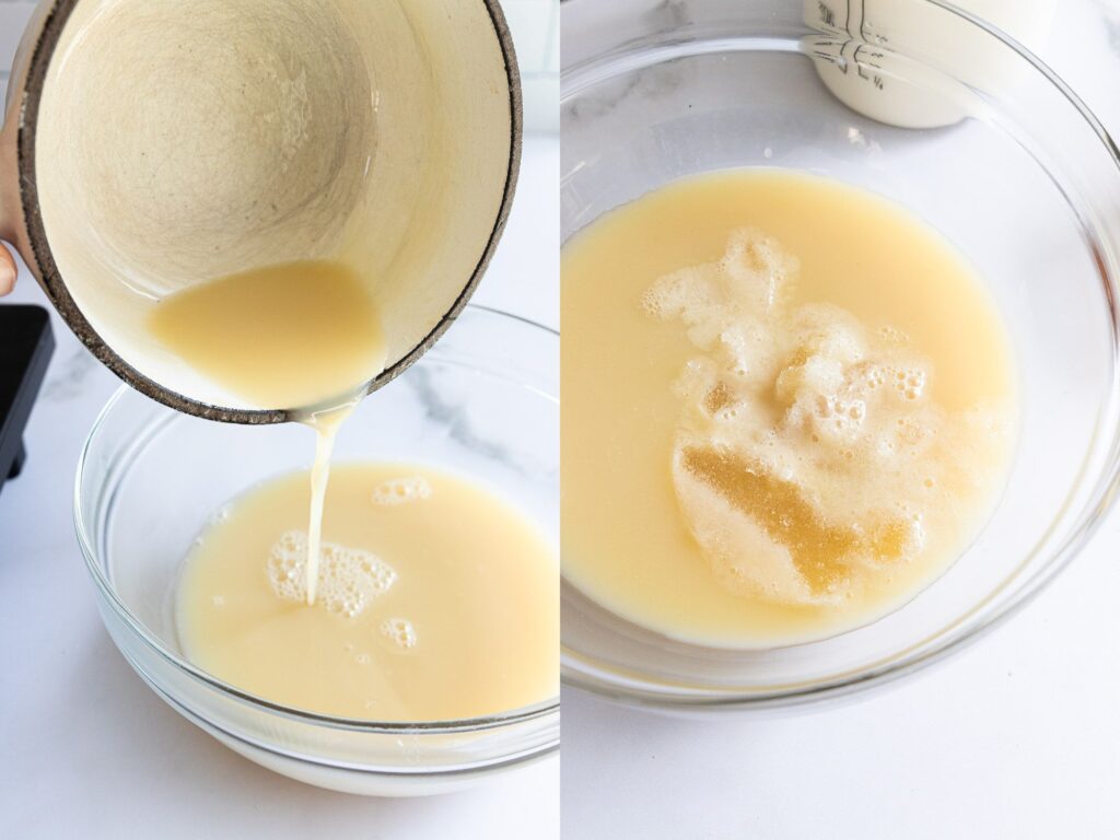 Pour the warm cream and sugar and allow it to cool slightly, then add the gelatin to it to dissolve.