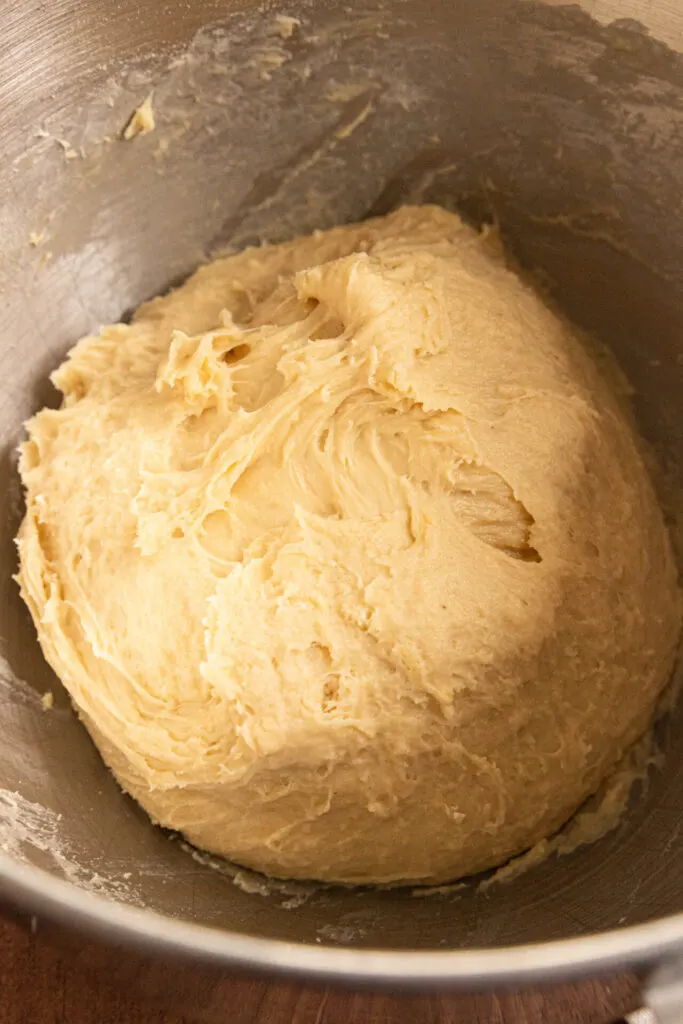 The brioche dough after adding the flour to the wet ingredients.
