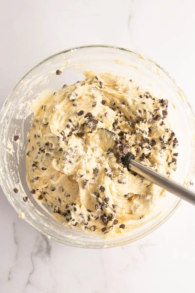 Chocolate Chip Pound Cake Batter, mixed and ready to bake.