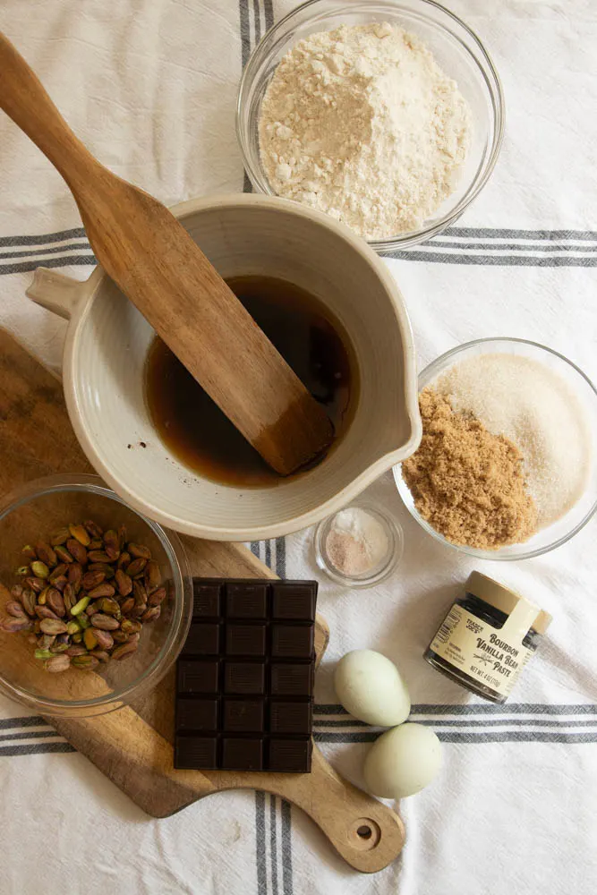 All of the ingredients for chocolate chip pistachio cookies.