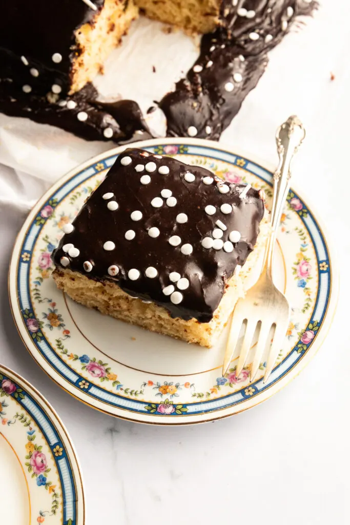 A piece of sourdough vanilla cake with chocolate frosting and white sprinkles.