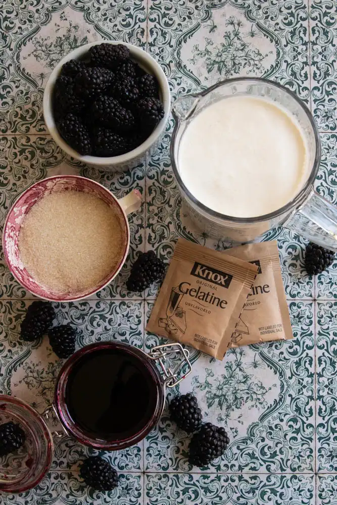 Blackberry panna cotta ingredients--blackberries, cream, sugar, unflavored gelatin, and vanilla.