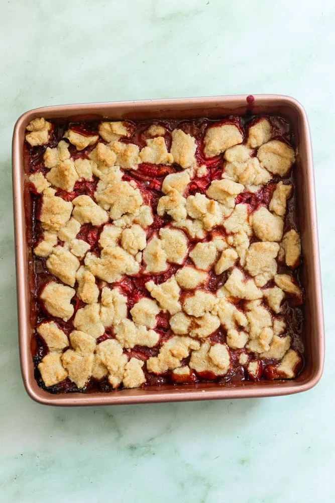 A pan of strawberry shortbread bars