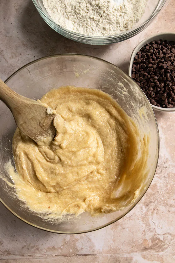 The wet ingredients--butter, sugar, eggs, and vanilla--all creamed together.