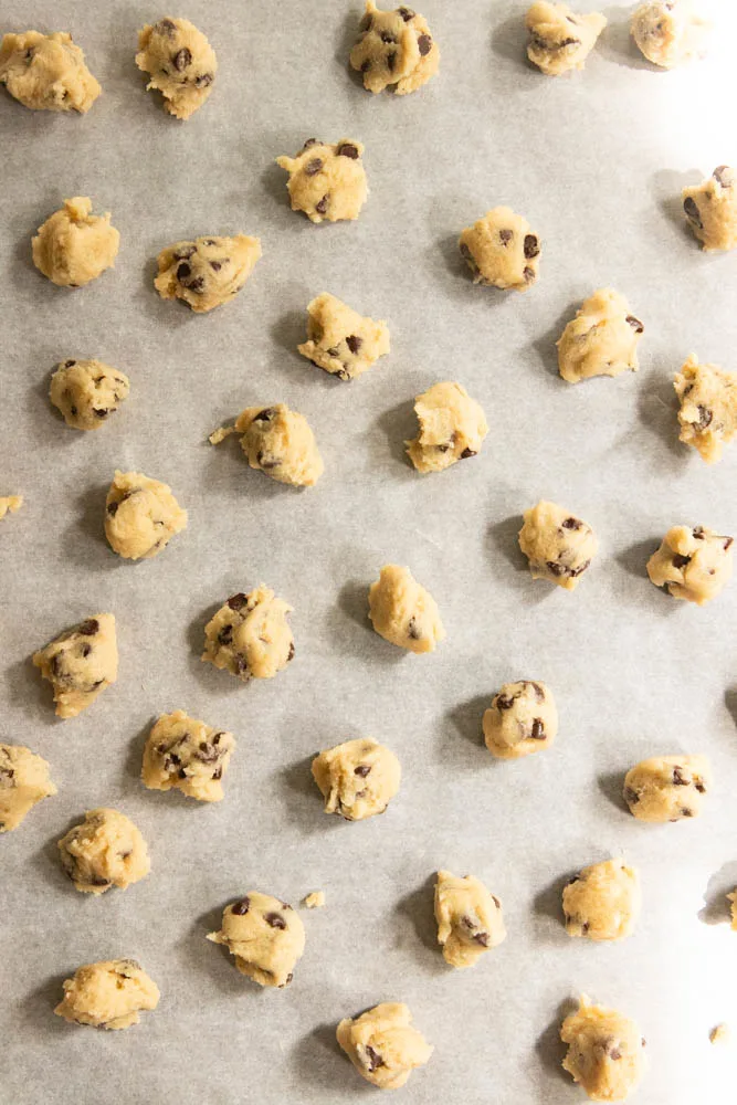 Cookie dough on the baking sheet, ready to bake.